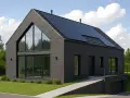 Nowoczesne projekty domów parterowych z piwnicą, z panelami słonecznymi na dachu i dużymi oknami.