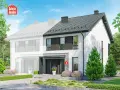Nowoczesny projekt domu bliźniak tani w budowie. Elegancka bryła z dużymi oknami i dachem dwuspadowym.