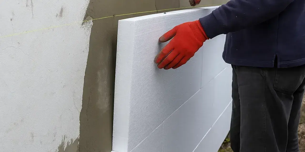 Pracownik w czerwonych rękawiczkach przykłada styropian do ściany. Zatapianie siatki na styropianie cena za metr.