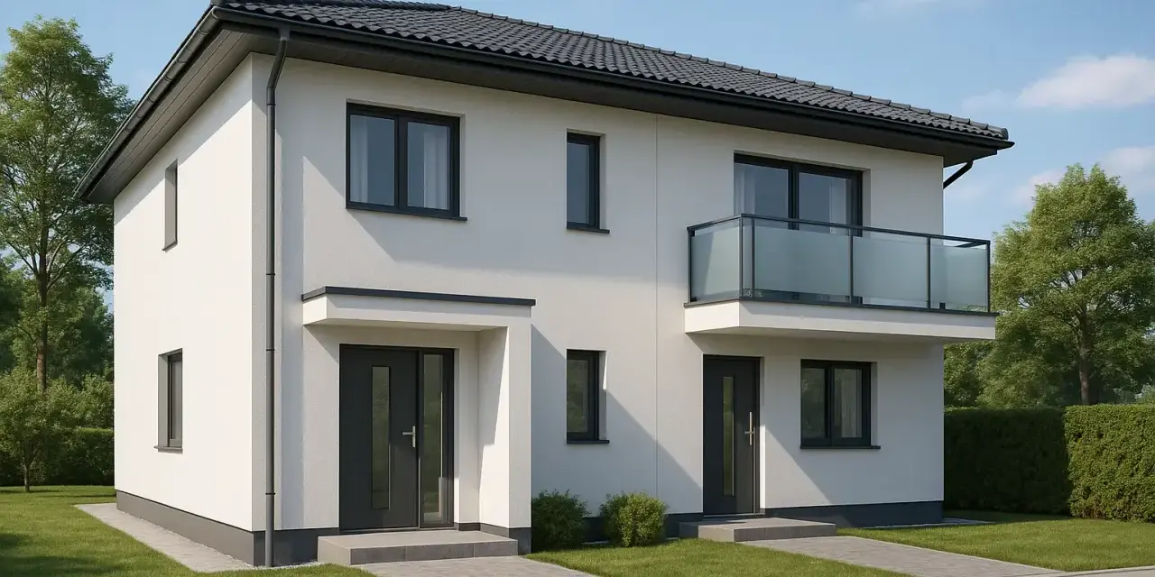 Nowoczesny dom jednorodzinny dwulokalowy z białym tynkiem, szarym dachem i balkonem.