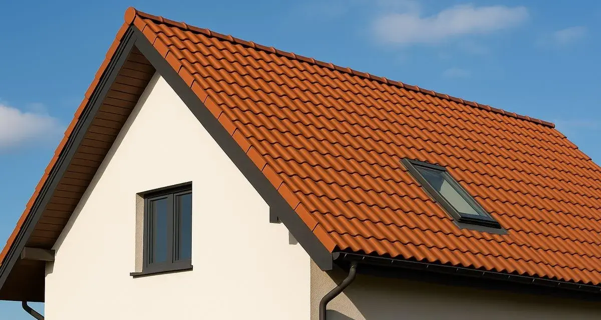 Nowy dach dwuspadowy z dachówką w kolorze cegły, z oknem połaciowym, wieńczy biały dom.
