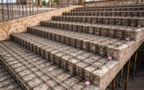 Siatka z prętów na zbrojenie schodów, gotowa do zalania betonem. Widać kolejne stopnie i ich konstrukcję.