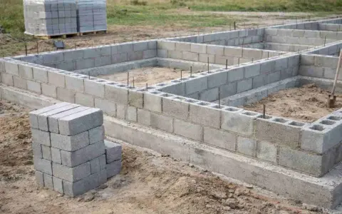 Budowa domu w toku: betonowy wieniec fundamentowy z bloczków betonowych, przygotowany pod dalsze prace.
