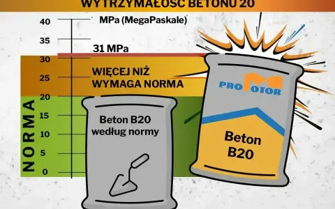 Wykres wytrzymałości betonu B20. Pokazuje, że beton przekracza normę, osiągając 31 MPa. Proporcje betonu B20 są kluczowe.