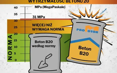 Chudziak co to? Wykres pokazuje wytrzymałość betonu B20. Jeden worek spełnia normę, drugi ma 31 MPa, czyli więcej niż wymaga norma.