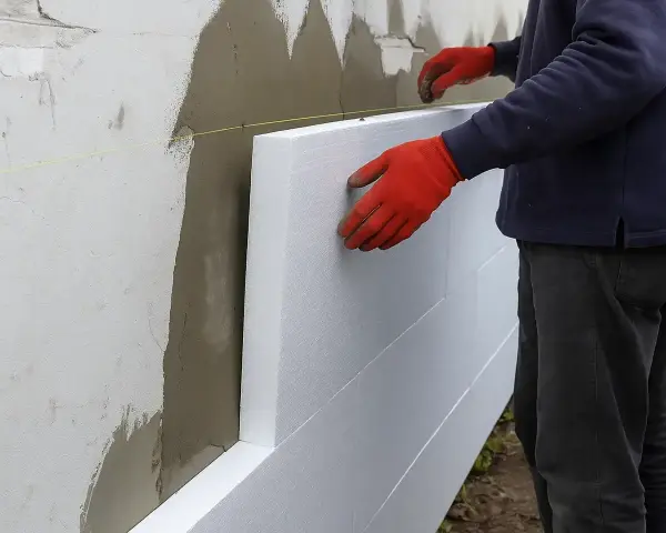 Pracownik w czerwonych rękawiczkach przykłada styropian do ściany. Zatapianie siatki na styropianie cena za metr.