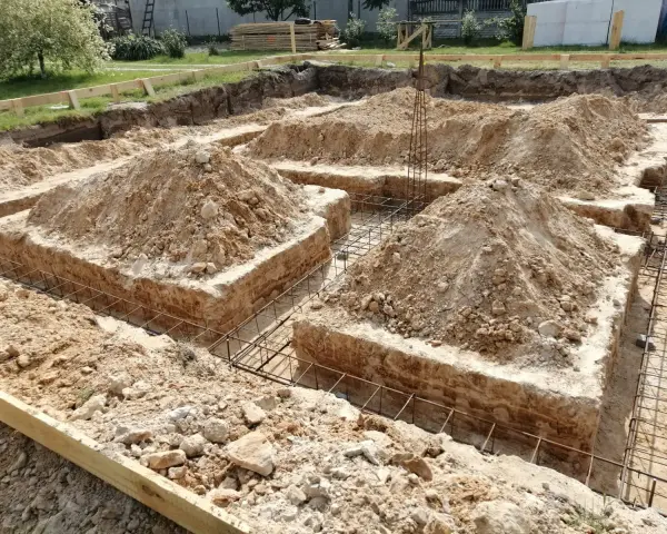 Wykopane fundamenty bez szalunku, zbrojenie gotowe do zalania betonem. Widać kopce ziemi i drewniane elementy konstrukcyjne.