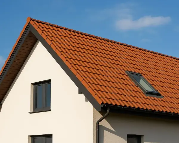 Nowy dach dwuspadowy z dachówką w kolorze cegły, z oknem połaciowym, wieńczy biały dom.