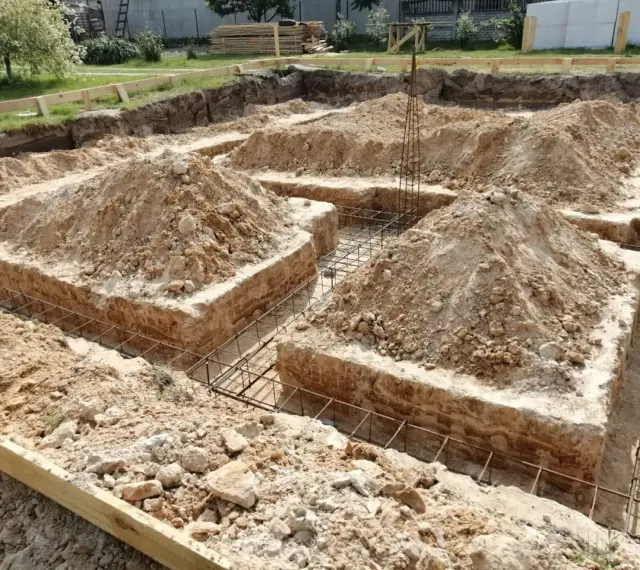 Wykopane fundamenty bez szalunku, zbrojenie gotowe do zalania betonem. Widać kopce ziemi i drewniane elementy konstrukcyjne.