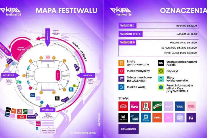 Mapa festiwalu z oznaczeniami wejść, stref gastronomicznych, punktów medycznych i innych udogodnień.