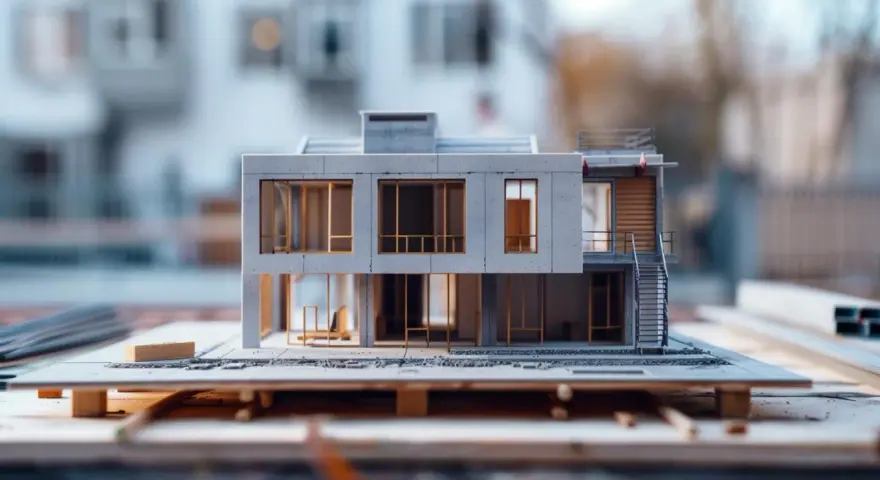 Model nowoczesnego domu z betonowymi elementami i dużymi oknami. Widać schody zewnętrzne i taras. To wizualizacja, która pomoże oszacować koszt adaptacji projektu.