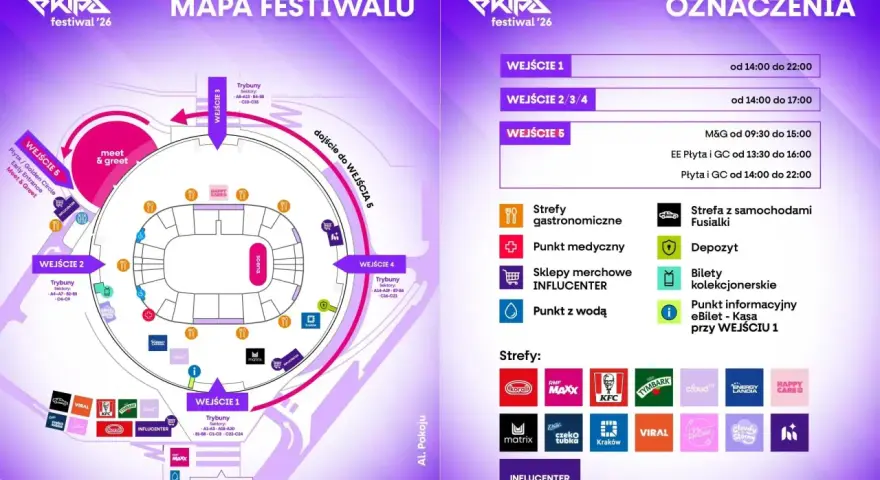Mapa festiwalu z oznaczeniami wejść, stref gastronomicznych, punktów medycznych i innych udogodnień.