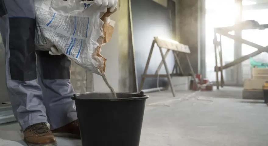 Budowlaniec wsypuje nierówny chudziak pod styropian do czarnego wiadra. W tle widać plac budowy.