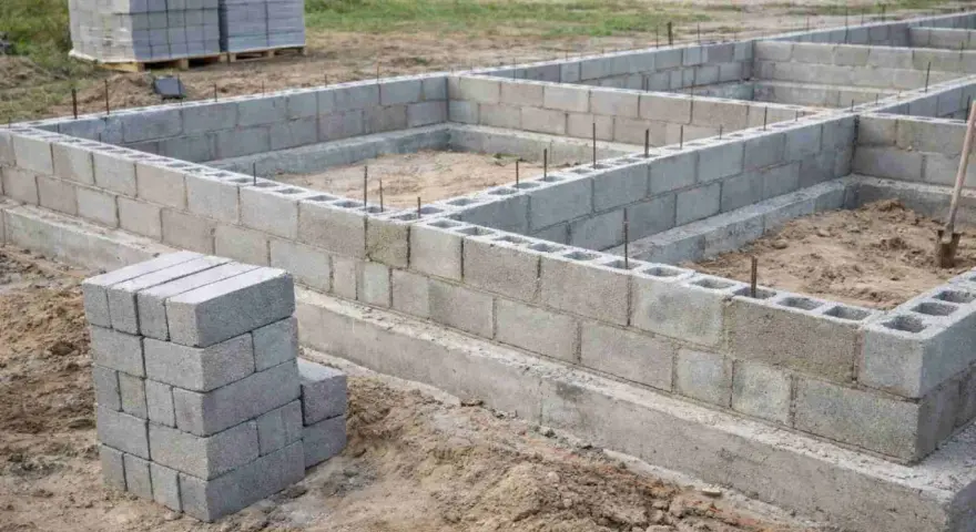 Budowa domu w toku: betonowy wieniec fundamentowy z bloczków betonowych, przygotowany pod dalsze prace.