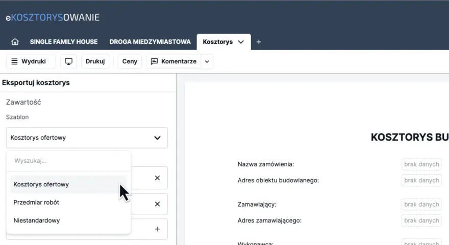 Wybieranie szablonu "Kosztorys ofertowy" do eksportu kosztorysu inwestorskiego.