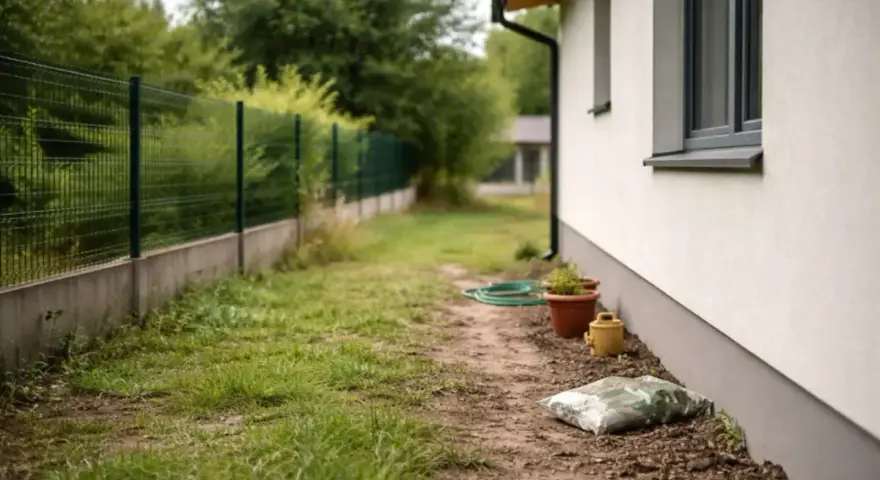 Ścieżka obok domu, z zielonym ogrodzeniem w tle. Odległość od granicy działki 1,5 m. Widać doniczki, wąż ogrodowy i worek z ziemią.
