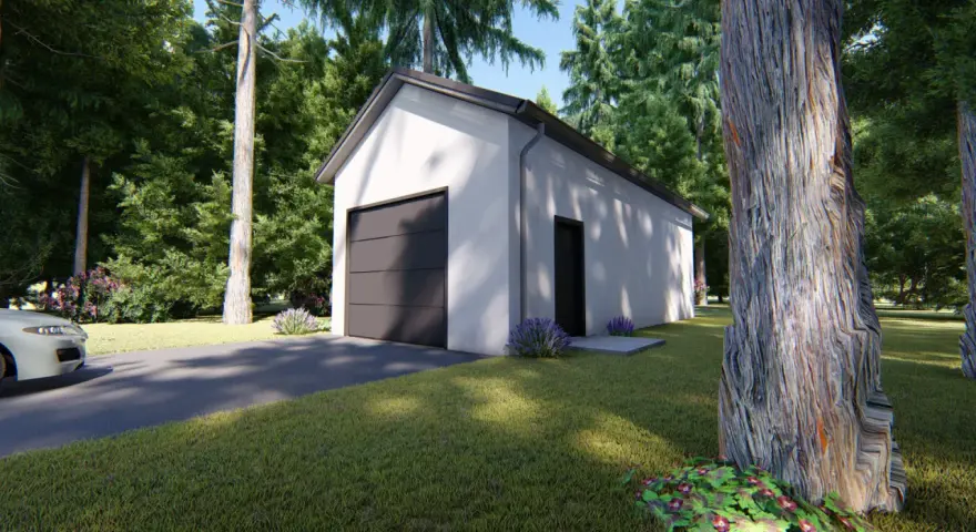 Nowoczesny projekt garażu 35m2 bez pozwolenia, otoczony zielenią. Idealne rozwiązanie dla Twojej posesji.