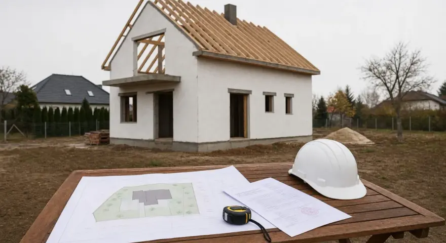 Na stole leżą plany i biały kask, obok budowa domu. Czy to będą domy bez pozwolenia, czy legalna inwestycja?