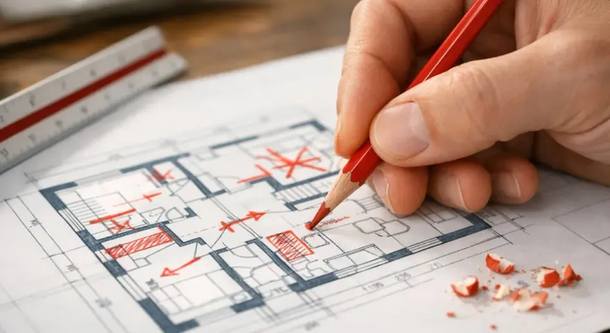 Rysowanie planu domu, zastanawiam się, ile kosztuje adaptacja projektu. Czerwona kredka i linijka pomagają w precyzyjnych zmianach.