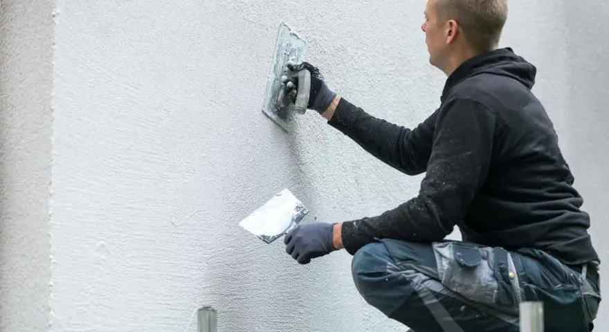 Pracownik nakłada tynk na ścianę, tworząc fakturę. Sprawdź, jaka jest aktualna struktura elewacyjna cena.