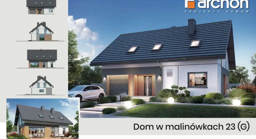 Nowoczesny dom w Malinówkach 23 (G) w stanie surowym zamkniętym. Projekt z garażem, tarasem i basenem.