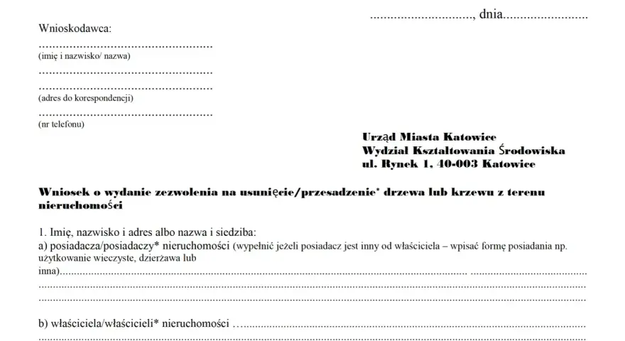 Formularz wniosku o zezwolenie na usunięcie drzewa/krzewu. Sekcja "jak umotywować wniosek o wycięcie drzewa" jest kluczowa.