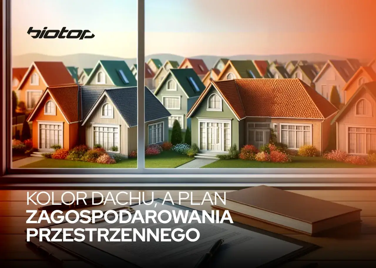 Kolor dachu może być kluczowy w planowaniu zagospodarowania przestrzennego. Wiele domów z różnymi dachami, widok z okna.