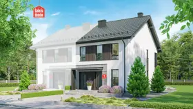 Nowoczesny projekt domu bliźniak tani w budowie. Elegancka bryła z dużymi oknami i dachem dwuspadowym.