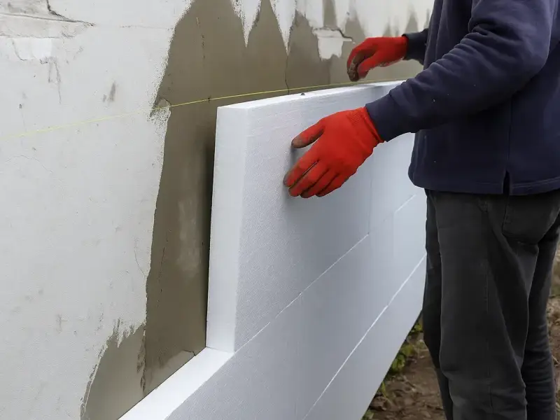 Pracownik w czerwonych rękawiczkach przykłada styropian do ściany. Zatapianie siatki na styropianie cena za metr.